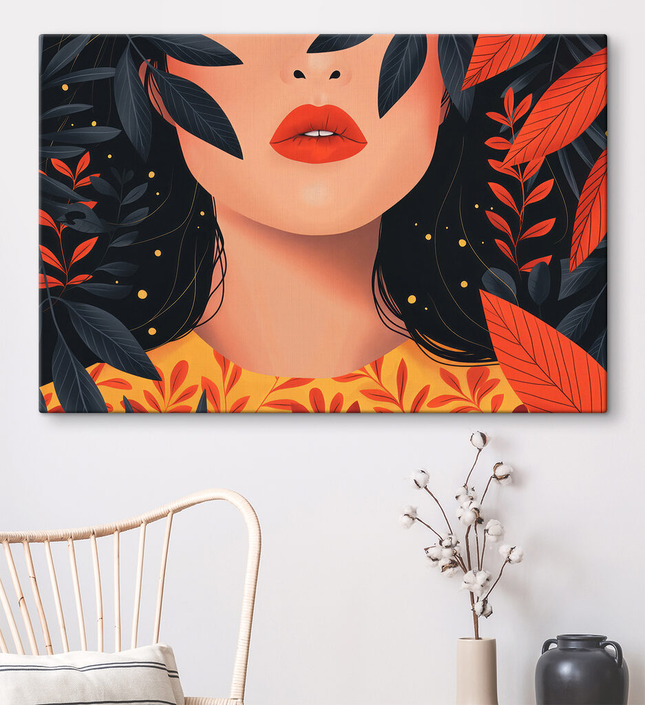 Woman with red lips and black leaves Woman with red lips and black leaves