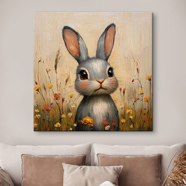 Painting of a rabbit in a field of flowers Painting of a rabbit in a field of flowers