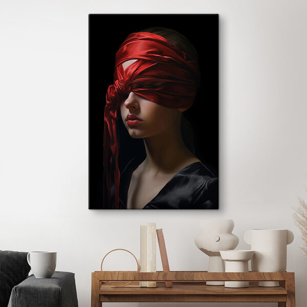 Woman with a red scarf over her eyes Woman with a red scarf over her eyes