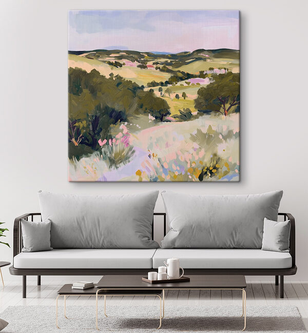 Painting of a landscape with trees and hills