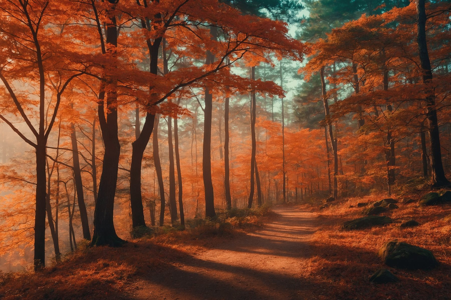 Path through a forest with orange leaves Path through a forest with orange leaves
