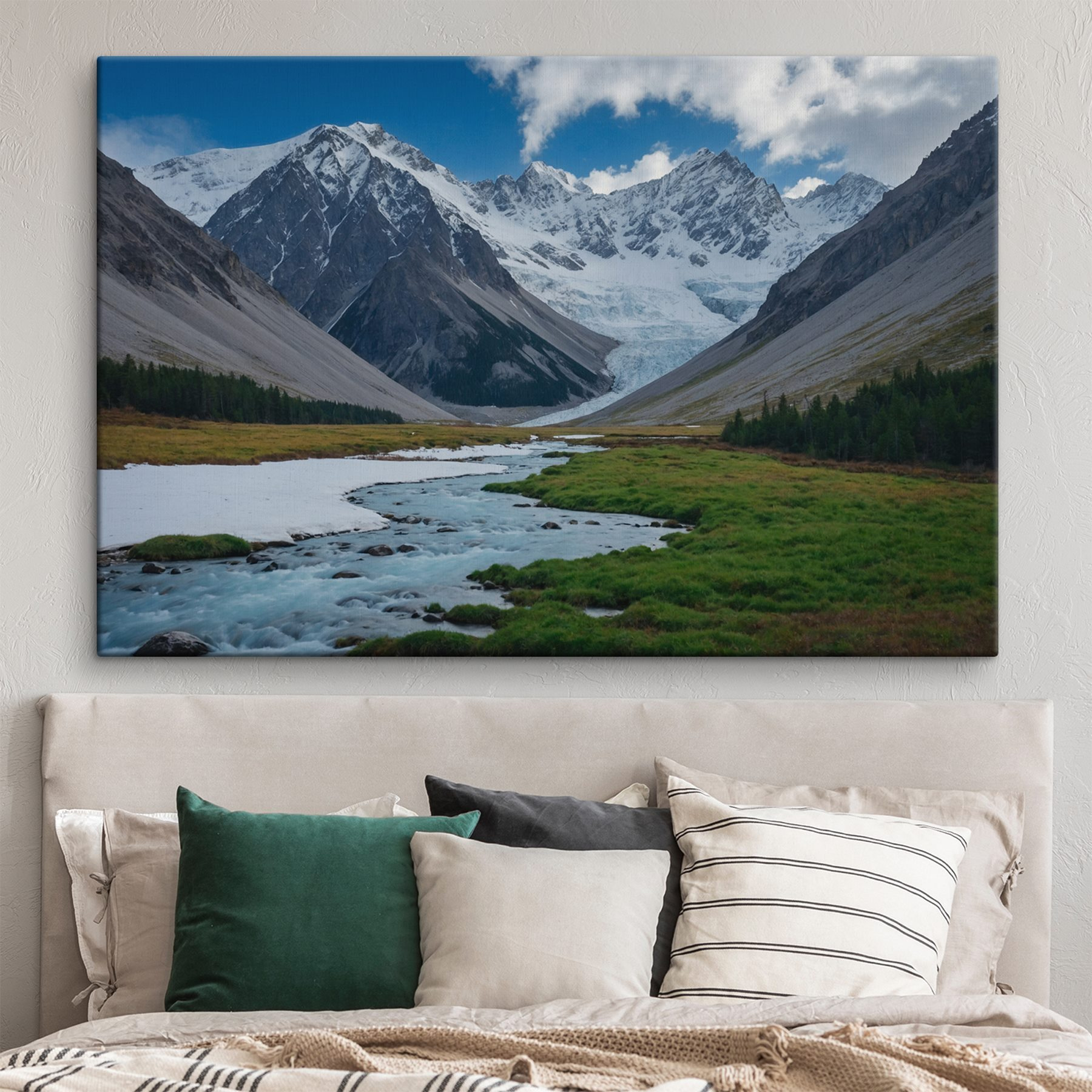 River running through a valley with snow covered mountains River running through a valley with snow covered mountains