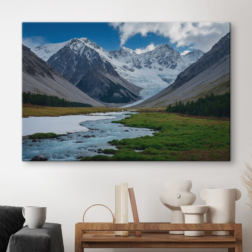 River running through a valley with snow covered mountains River running through a valley with snow covered mountains