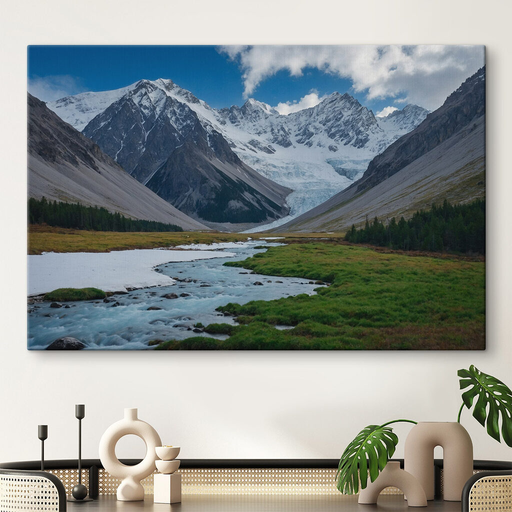 River running through a valley with snow covered mountains River running through a valley with snow covered mountains