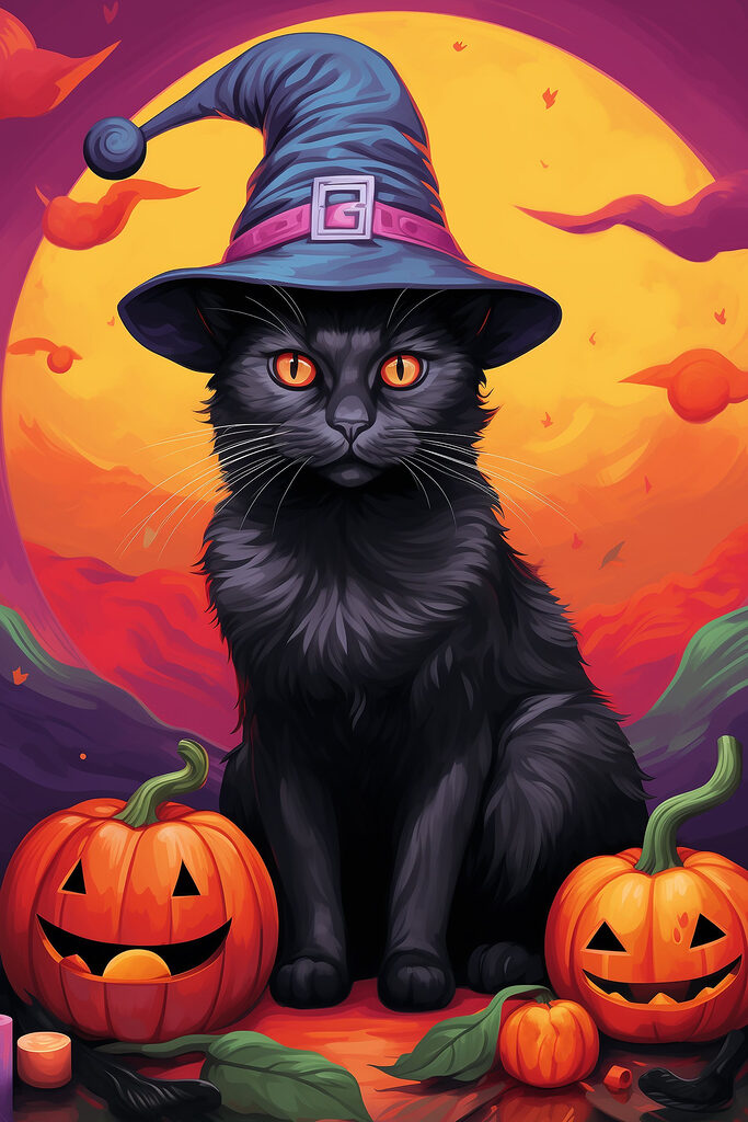 Black cat wearing a person hat and pumpkins Black cat wearing a person hat and pumpkins