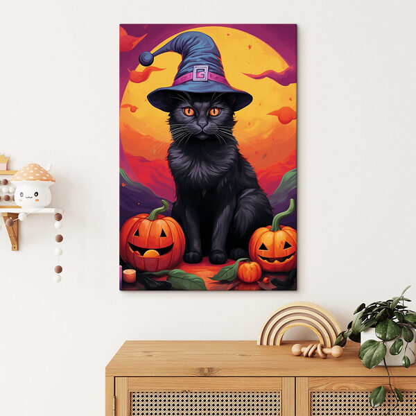 Quadri Gatto nero con un cappello da persona e delle zucche (COD: s41112) Quadri Quadri Gatto nero con un cappello da persona e delle zucche (COD: s41112)