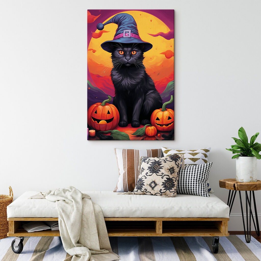 Black cat wearing a person hat and pumpkins Black cat wearing a person hat and pumpkins