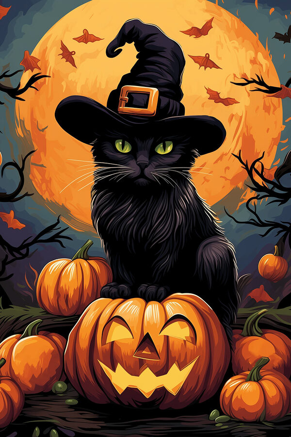 Cat wearing a hat and sitting on a pumpkin Cat wearing a hat and sitting on a pumpkin