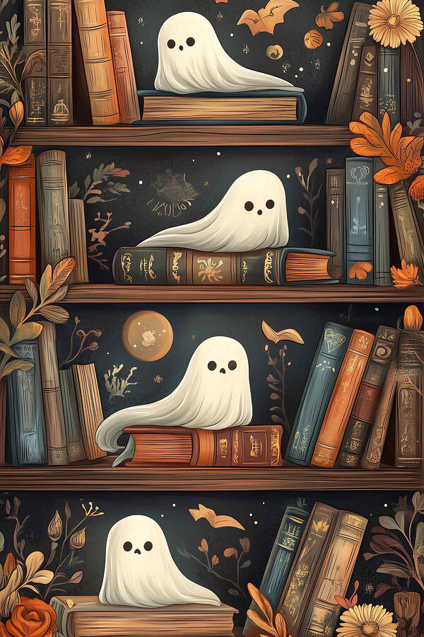 Bookcase full of books with ghosts