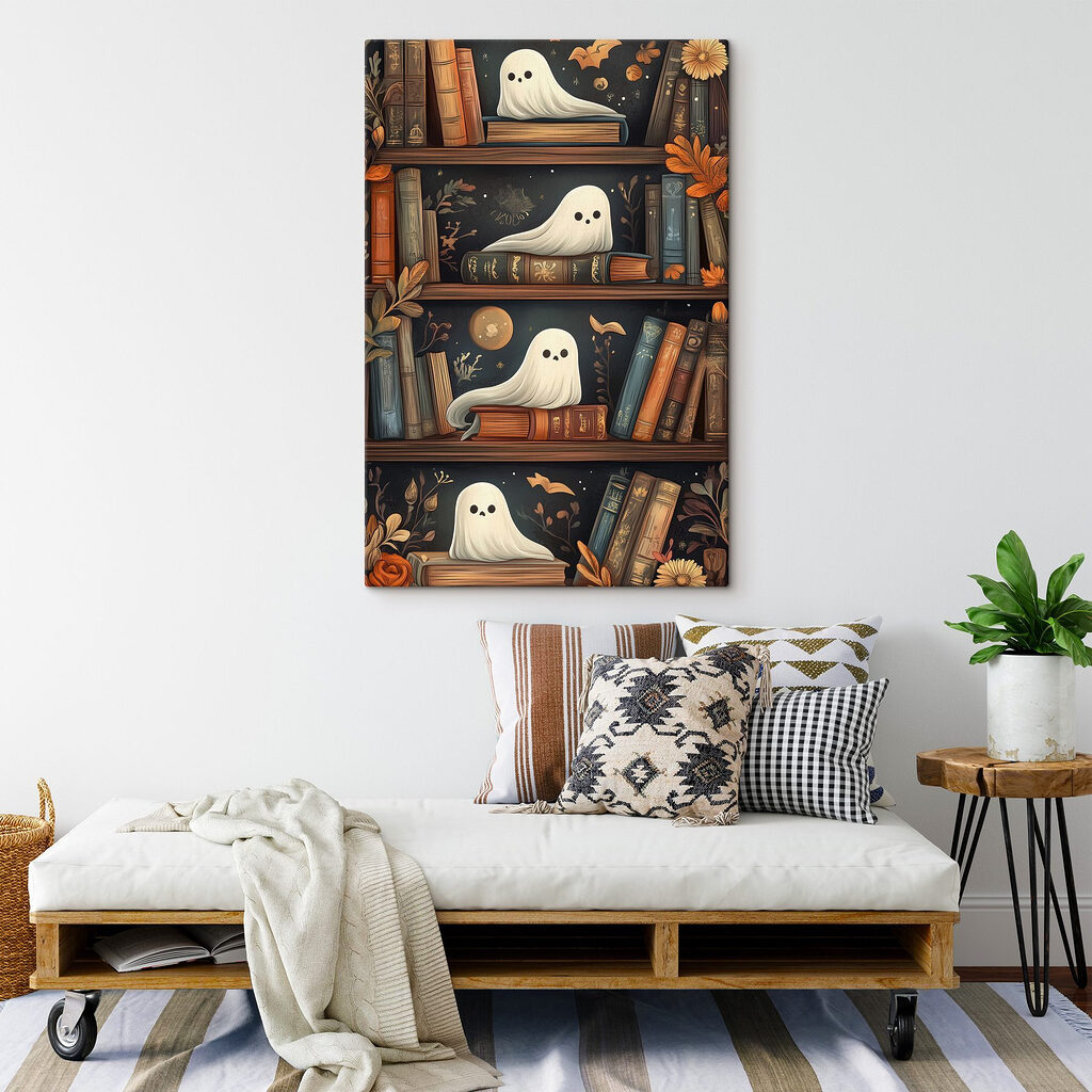 Bookcase full of books with ghosts