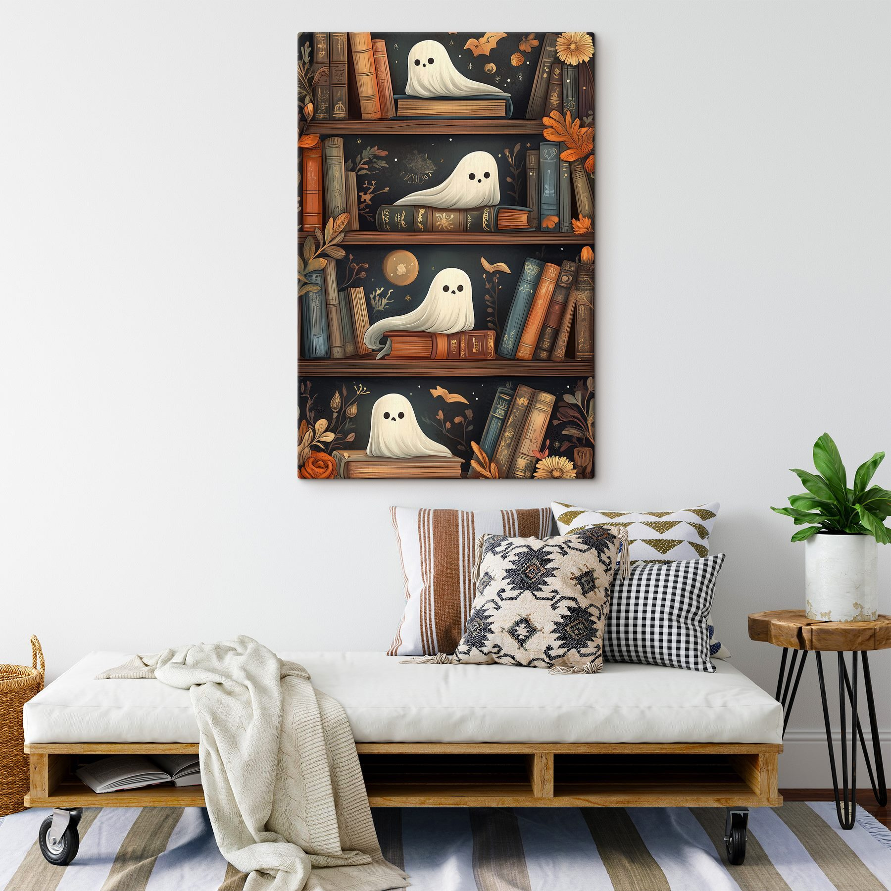Bookcase full of books with ghosts