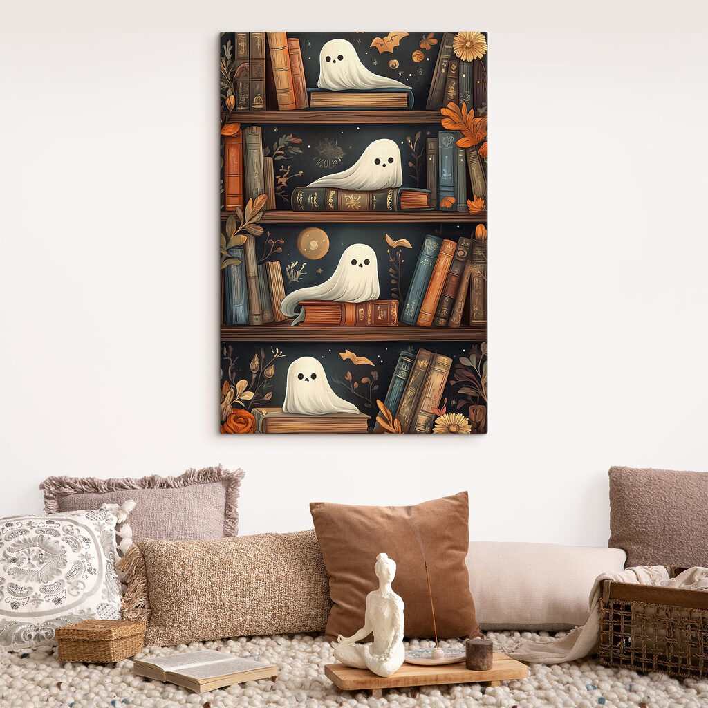 Bookcase full of books with ghosts