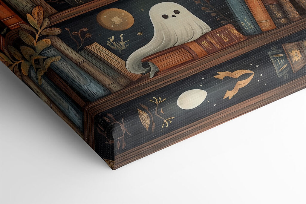 Bookcase full of books with ghosts