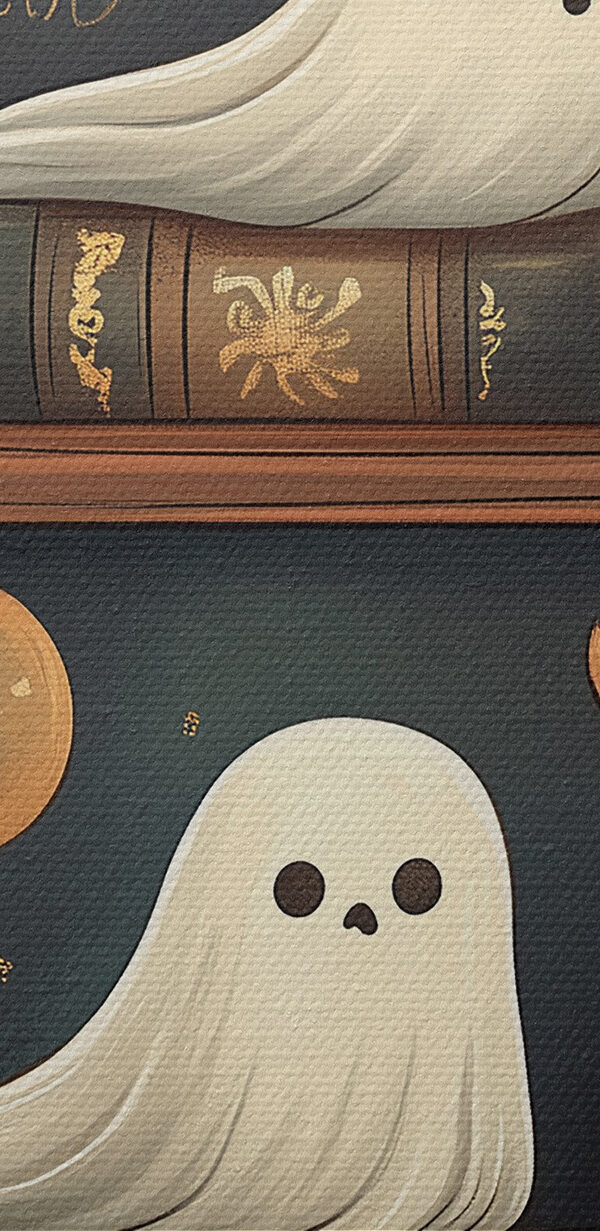 Bookcase full of books with ghosts