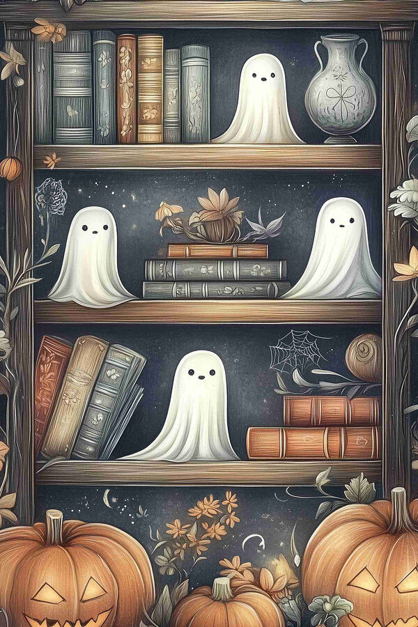 Bookcase with ghosts and books