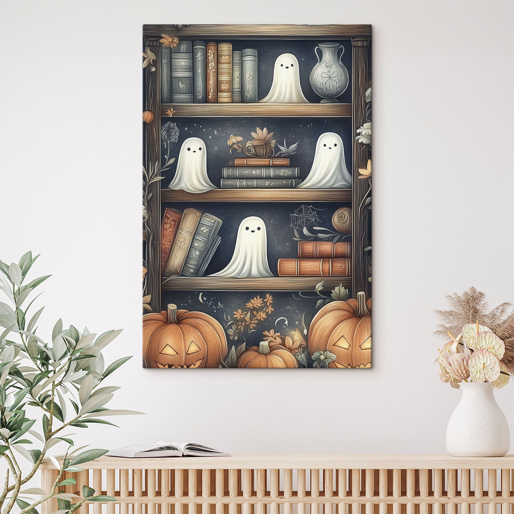 Bookcase with ghosts and books