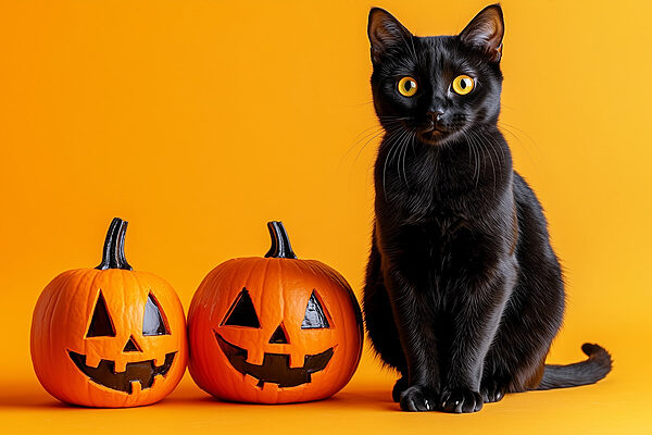 Black cat sitting next to two carved pumpkins Black cat sitting next to two carved pumpkins