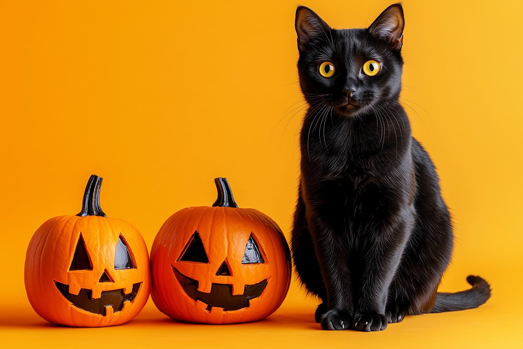 Black cat sitting next to two carved pumpkins Black cat sitting next to two carved pumpkins