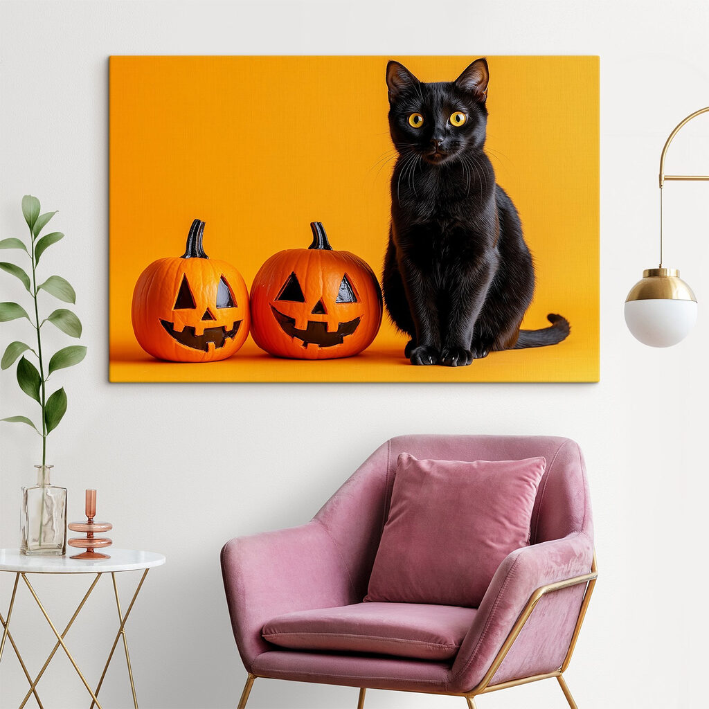 Black cat sitting next to two carved pumpkins Black cat sitting next to two carved pumpkins