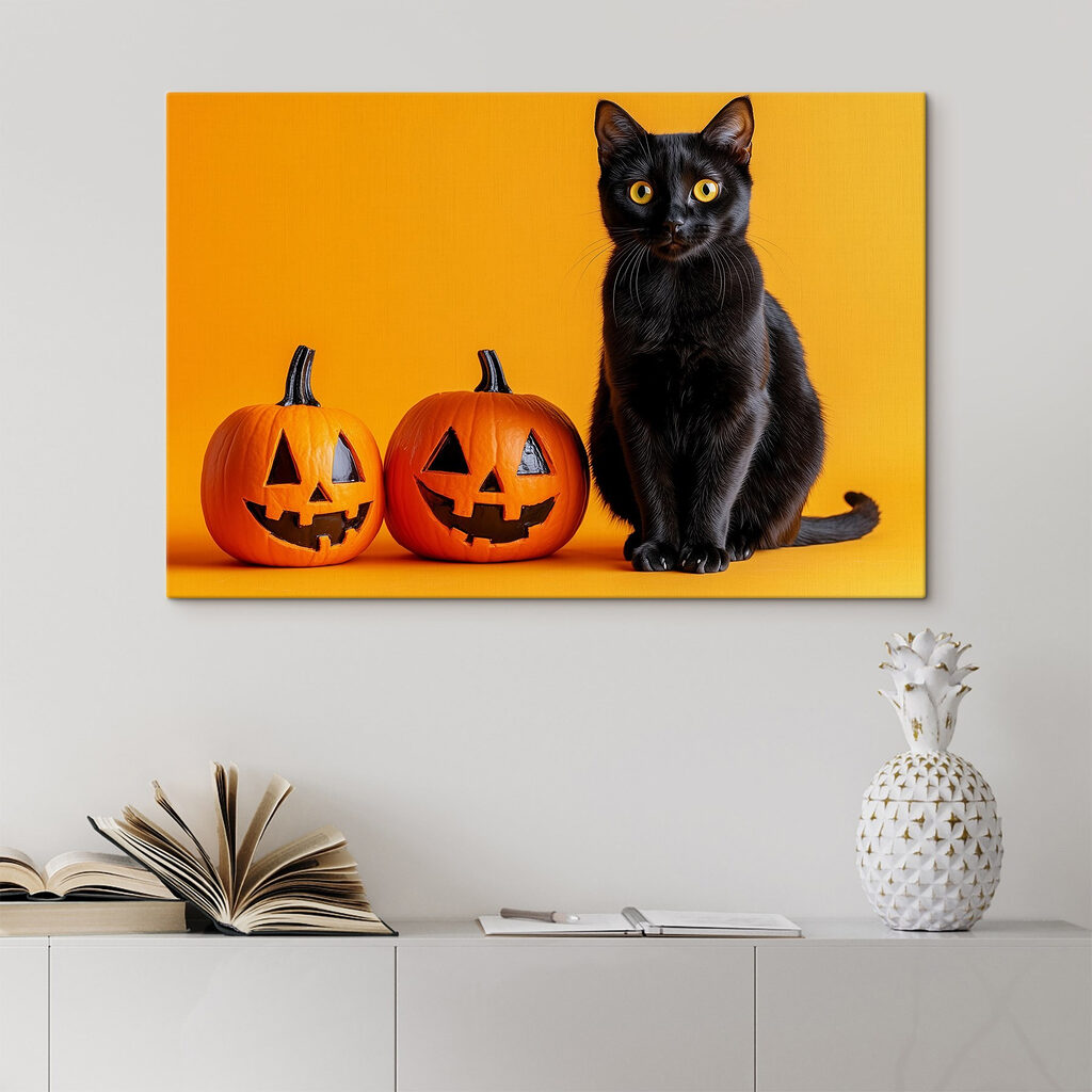 Black cat sitting next to two carved pumpkins Black cat sitting next to two carved pumpkins