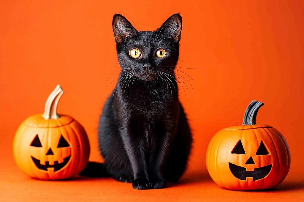Black cat sitting next to two pumpkins Black cat sitting next to two pumpkins