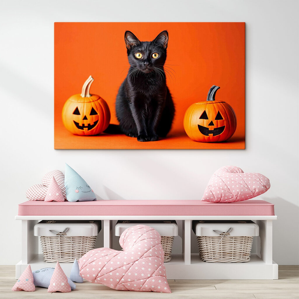 Black cat sitting next to two pumpkins Black cat sitting next to two pumpkins