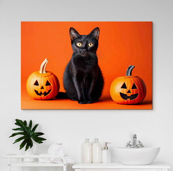 Black cat sitting next to two pumpkins Black cat sitting next to two pumpkins