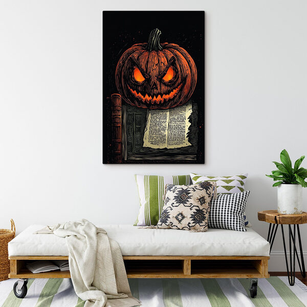 Quadri Una zucca con una faccia sopra un libro (COD: s41132) Quadri Quadri Una zucca con una faccia sopra un libro (COD: s41132)