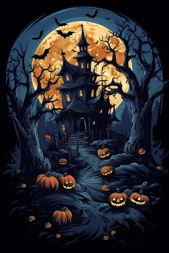 Haunted house with pumpkins and a full moon Haunted house with pumpkins and a full moon