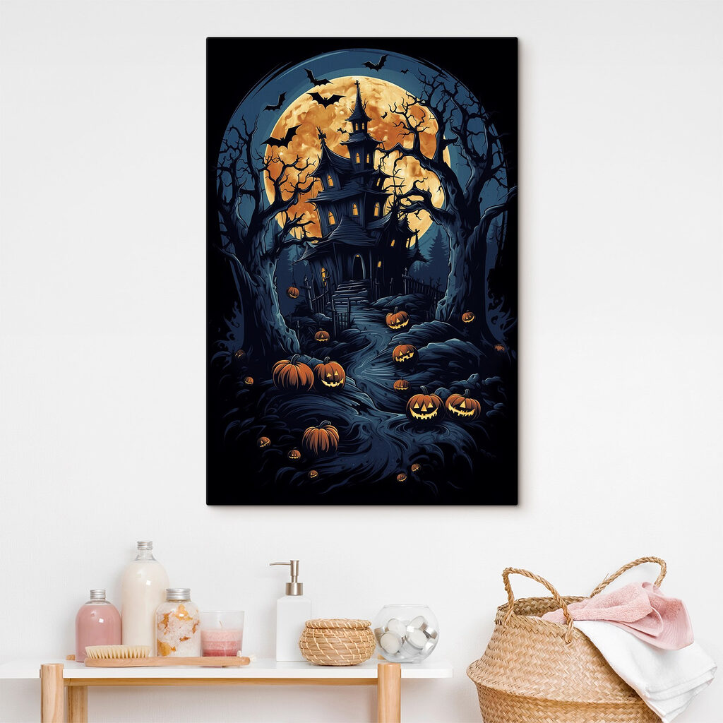Haunted house with pumpkins and a full moon Haunted house with pumpkins and a full moon