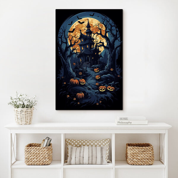 Haunted house with pumpkins and a full moon Haunted house with pumpkins and a full moon