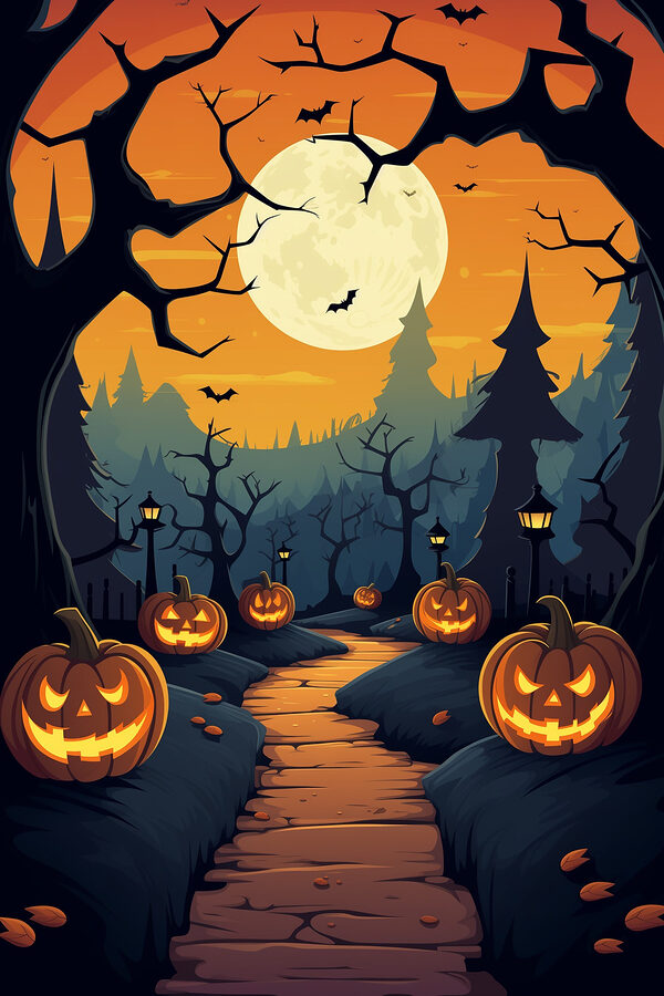 Cartoon of a path with pumpkins and trees