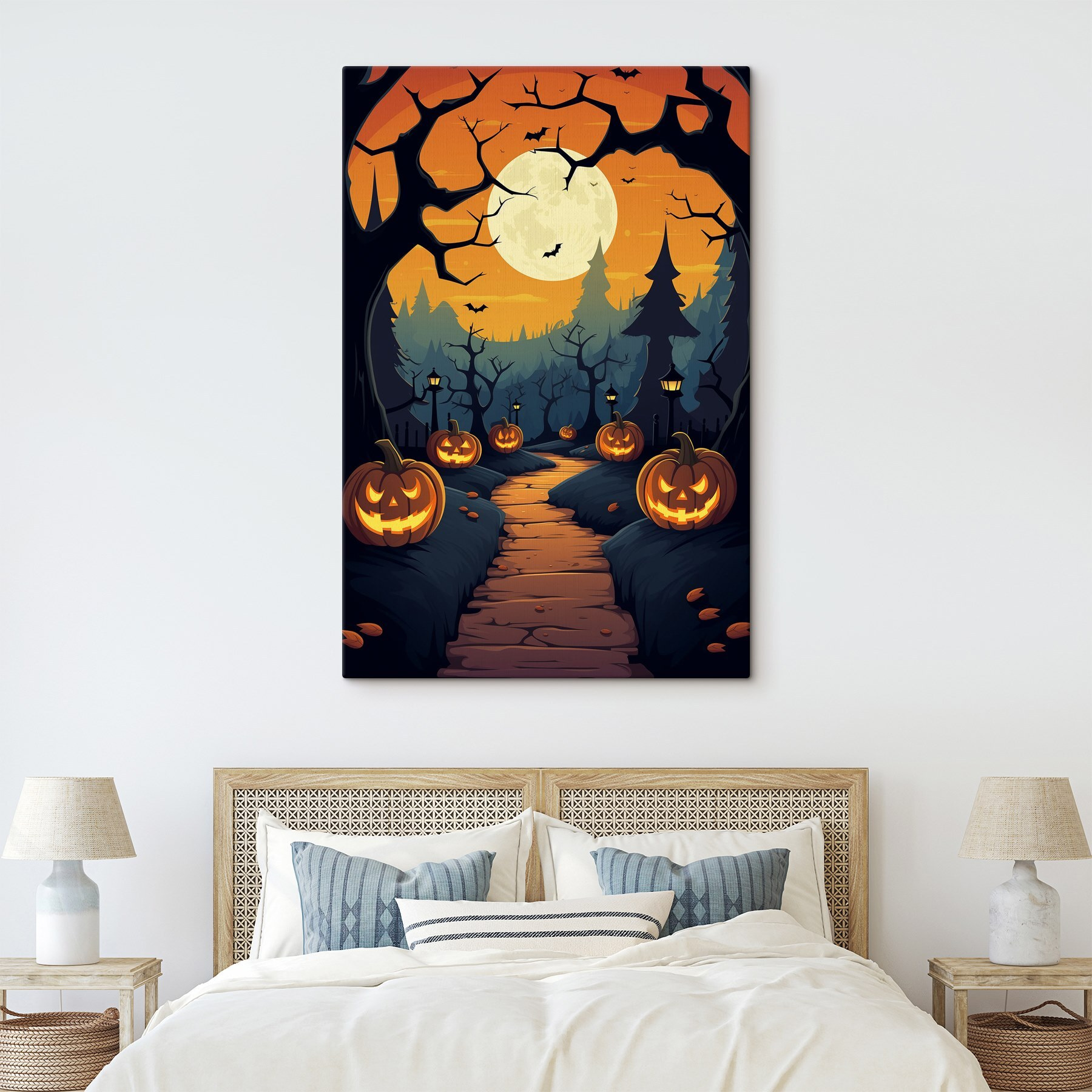 Cartoon of a path with pumpkins and trees