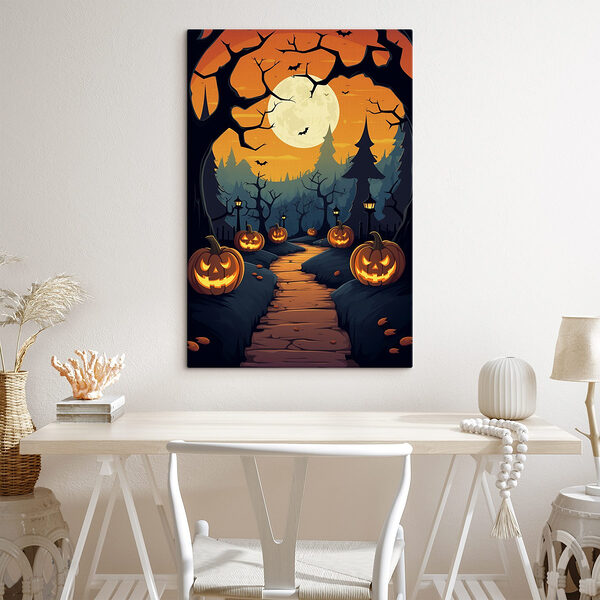 Cartoon of a path with pumpkins and trees