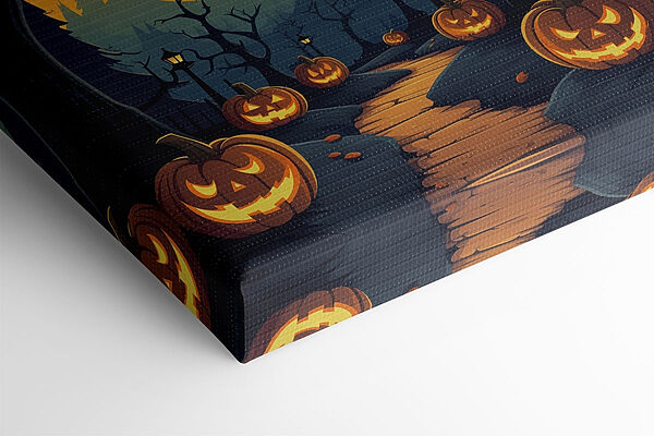 Cartoon of a path with pumpkins and trees