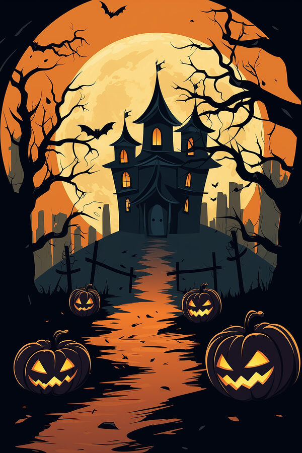 Cartoon of a house with pumpkins and trees Cartoon of a house with pumpkins and trees