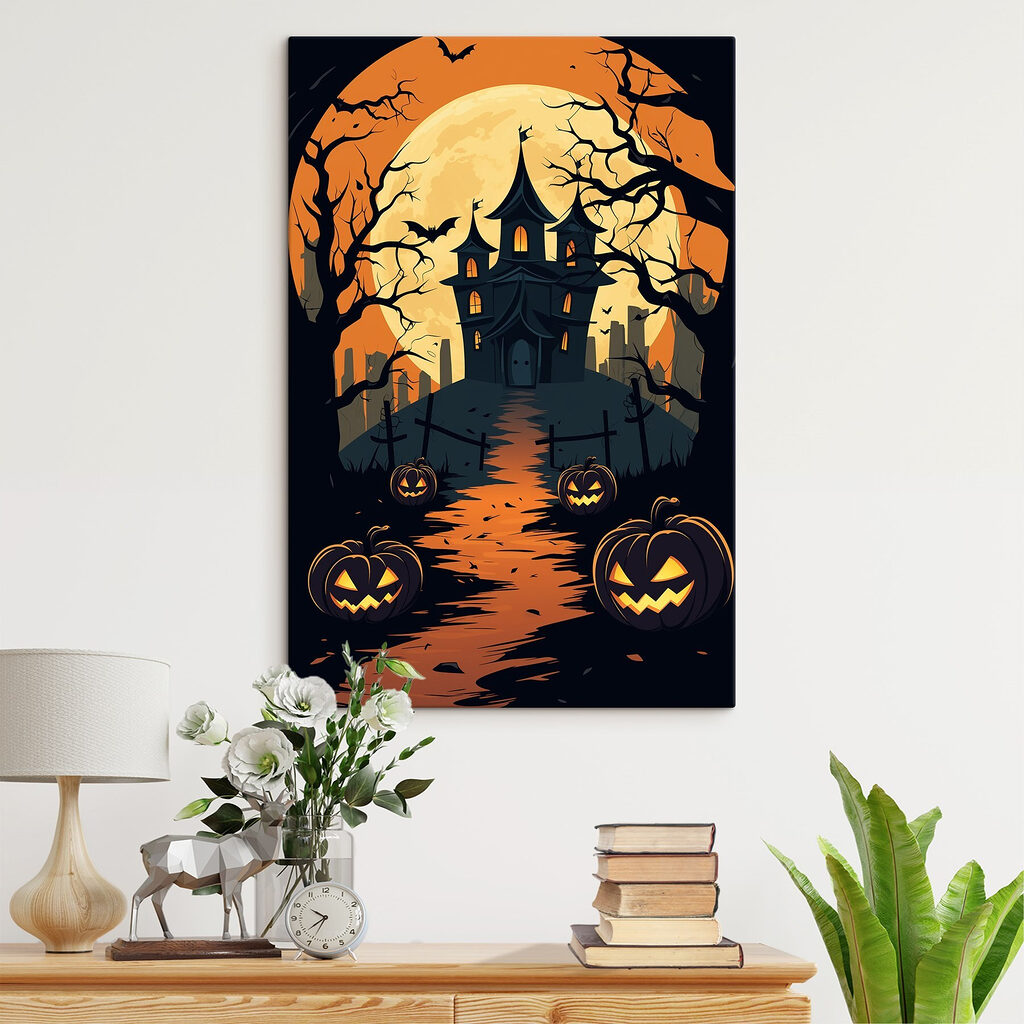 Cartoon of a house with pumpkins and trees Cartoon of a house with pumpkins and trees