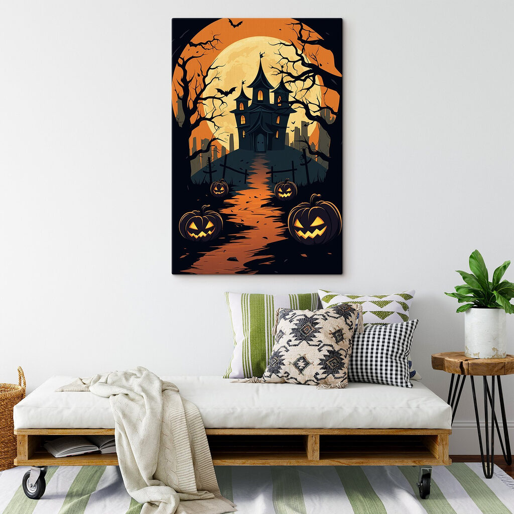 Cartoon of a house with pumpkins and trees Cartoon of a house with pumpkins and trees