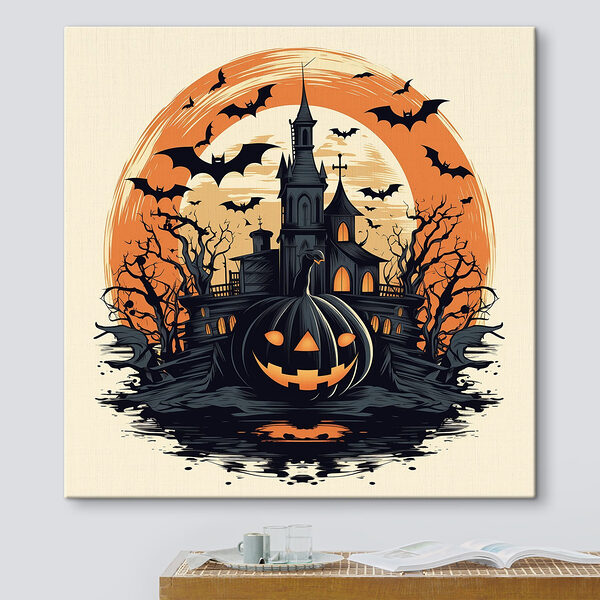 Quadri Quadri Una zucca e un castello con i pipistrelli (COD: s41137)