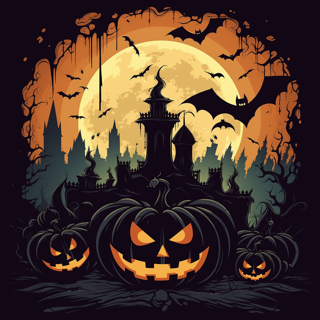Pumpkins and bats in front of a castle