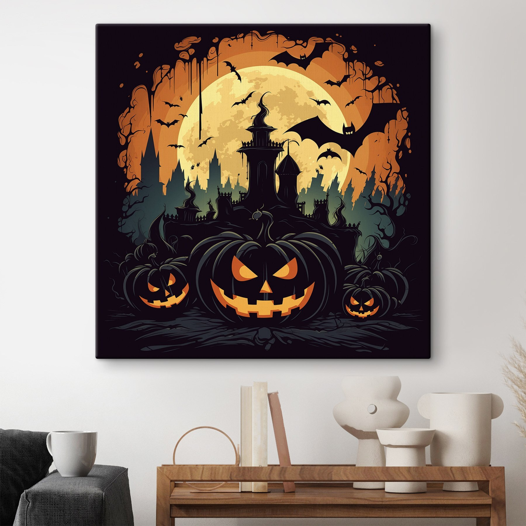 Pumpkins and bats in front of a castle