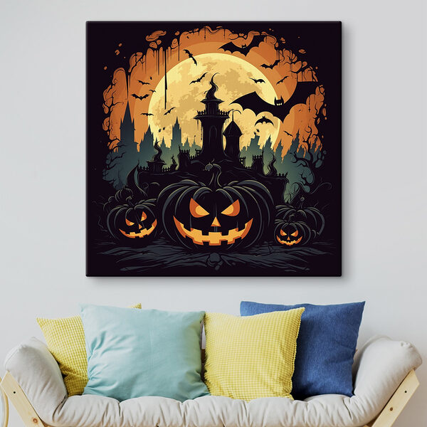 Pumpkins and bats in front of a castle