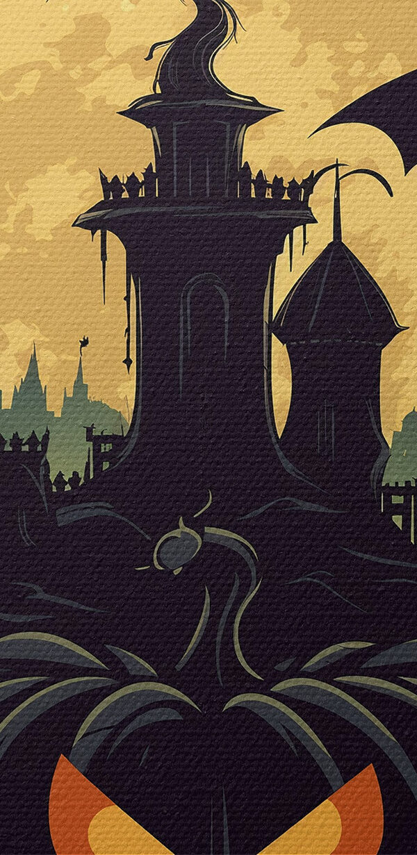 Pumpkins and bats in front of a castle