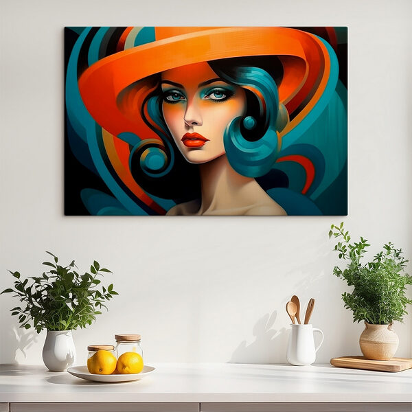 Quadri Quadri Donna con i capelli blu e un cappello arancione (COD: s41070)
