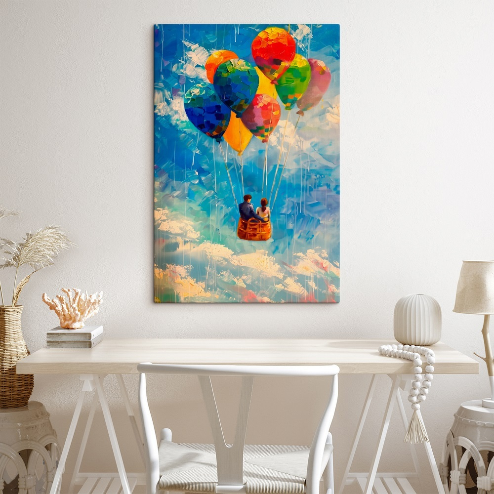 Painting of a couple in a basket with colorful balloons Painting of a couple in a basket with colorful balloons