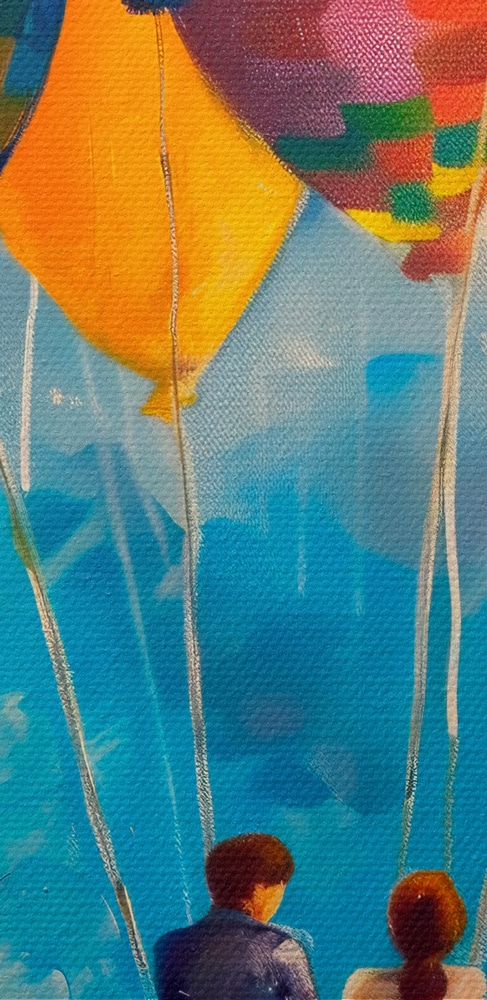 Painting of a couple in a basket with colorful balloons Painting of a couple in a basket with colorful balloons