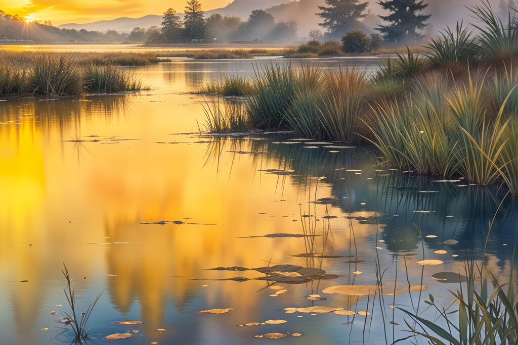 Water with plants and trees in the background
