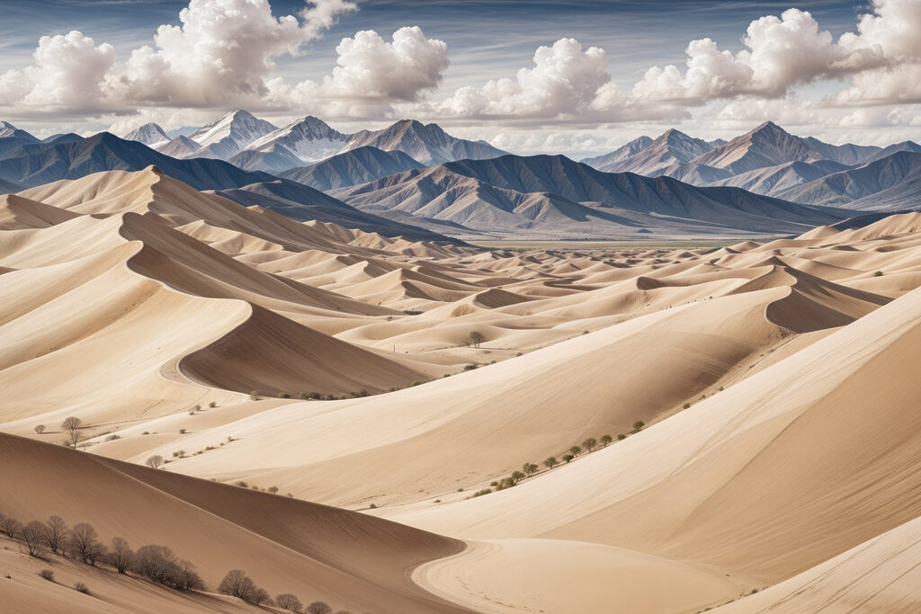 Large sandy hills with mountains in the background Large sandy hills with mountains in the background