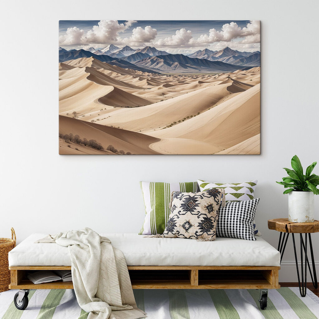 Large sandy hills with mountains in the background Large sandy hills with mountains in the background