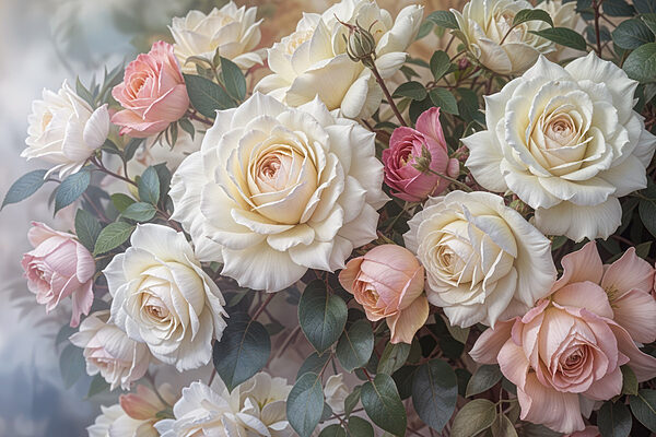 Group of white and pink roses